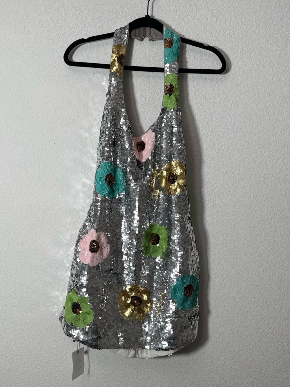 Lovers and Friends Mia Embellished Sequin Floral Halter Mini Dress Silver M NWT - Picture 2 of 9